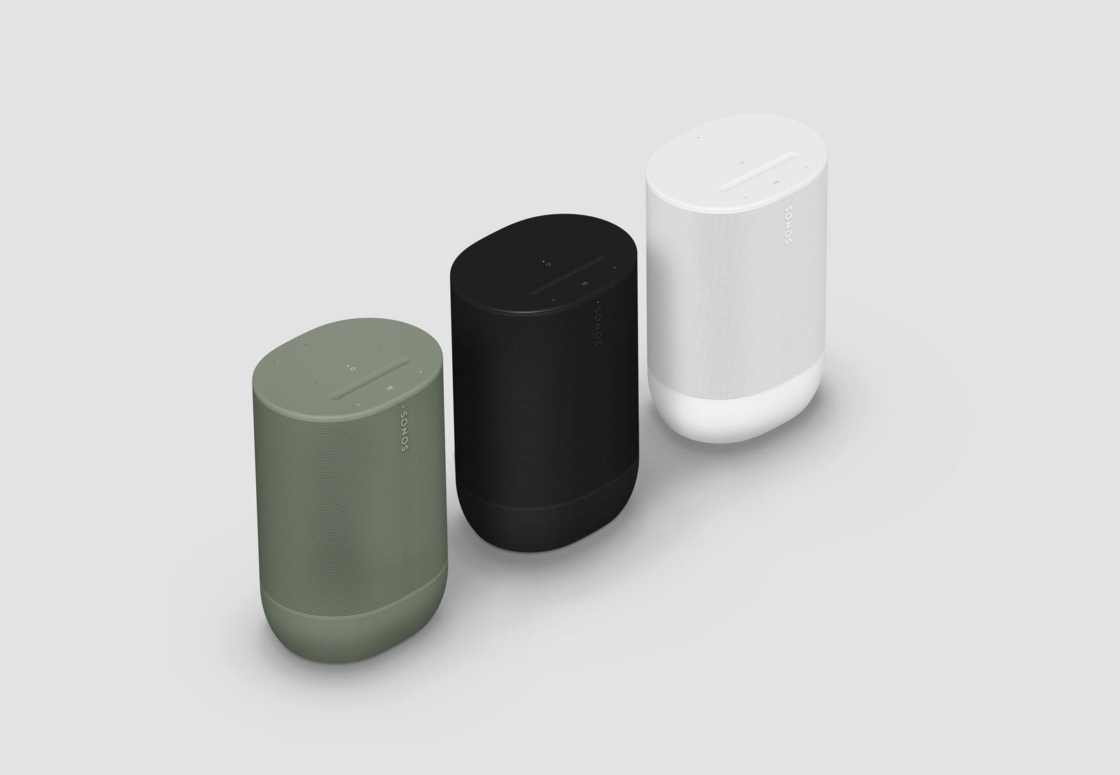 olive, black and white Move 2 Sonos devices aligned from left to right on a white background