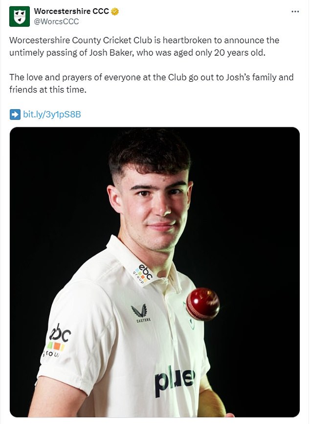 Worcestershire confirmed Baker's death on social media after playing for the second team yesterday.