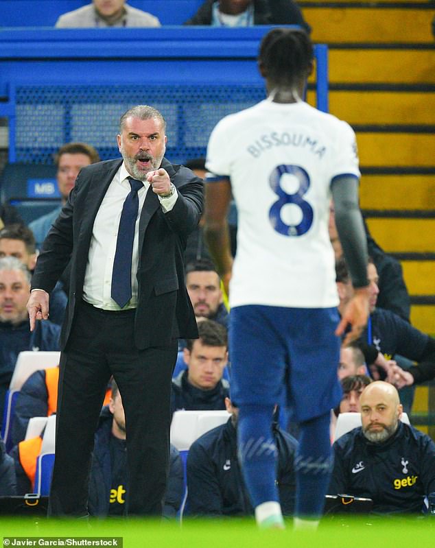 Spurs manager Ange Postecoglou shouts at midfielder Yves Bissouma during a timid first half