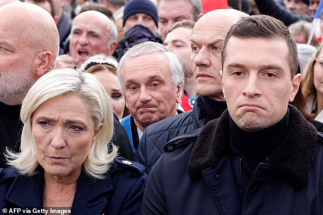 French far-right party Rassemblement National (RN), member of Parliament Marine Le Pen (left), and party president Jordan Bardella.
