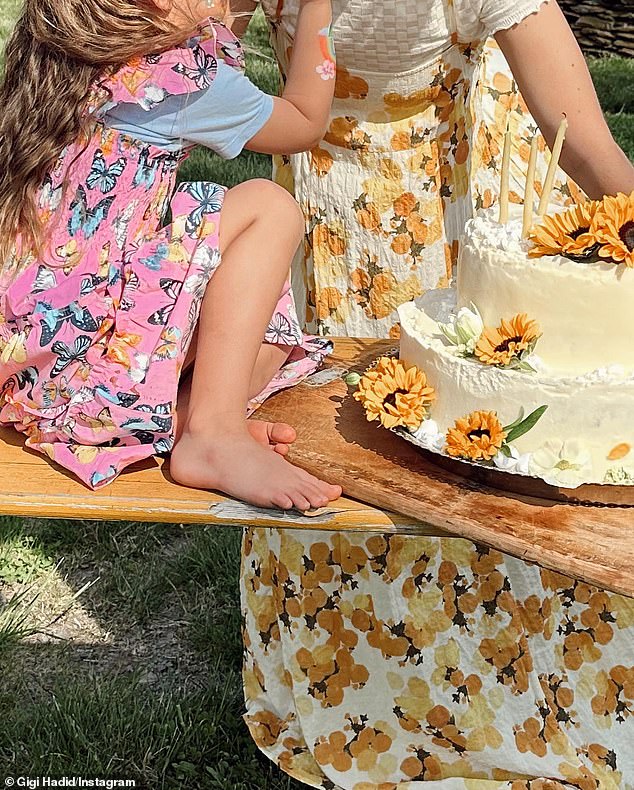 The blonde beauty enjoyed a two-tier white birthday cake with her three-year-old daughter Khai Hadid Malik, who she shares with ex Zayn Malik.