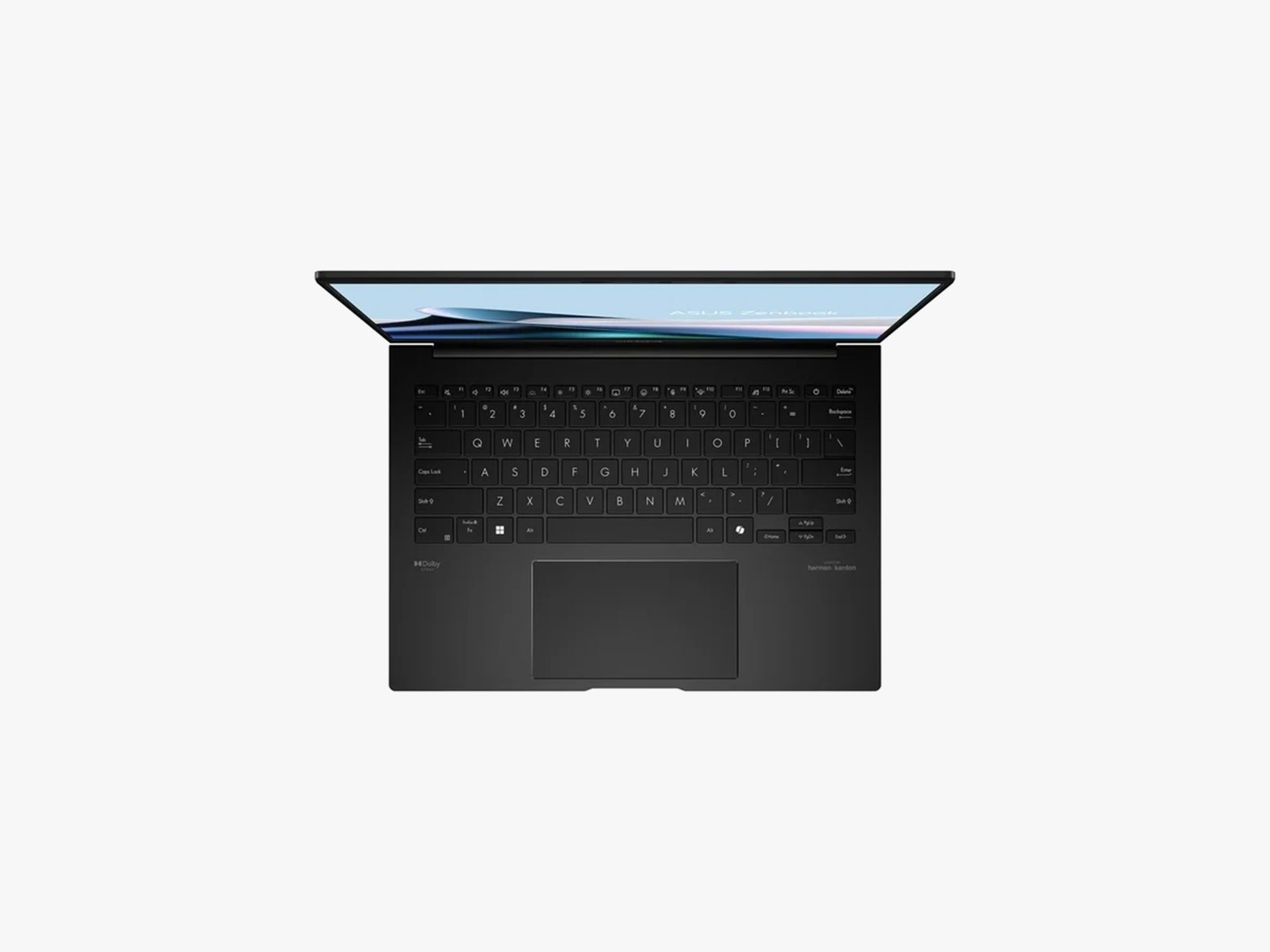 Overhead view of a slim black laptop open at 90 degrees