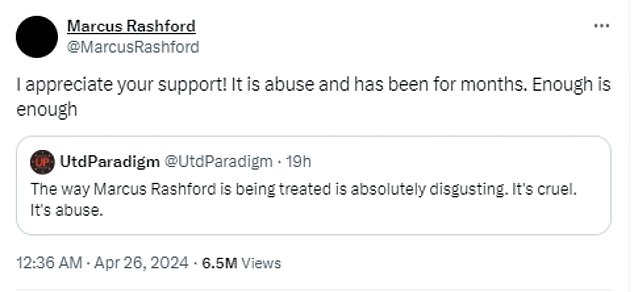 Rashford thanked fans online for their support before stating that he had already 