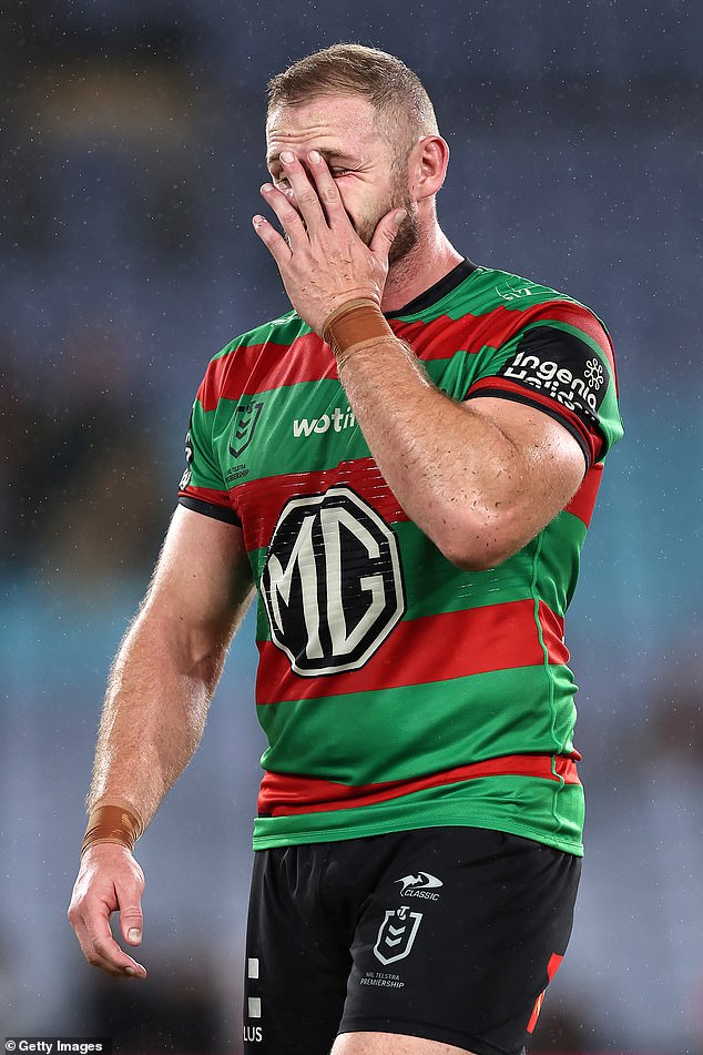 The Bunnies' season from hell got even worse on Thursday when they blew a 12-0 lead over Penrith to be hammered 42-12 (pictured Souths prop Tom Burgess).