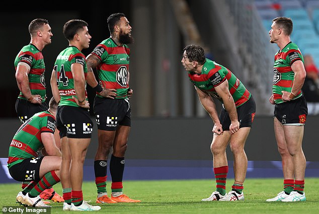 Premiership favorites in the eyes of many football fans ahead of the first round, the Rabbitohs have only won once this season (pictured after conceding a try against the Panthers on Thursday).