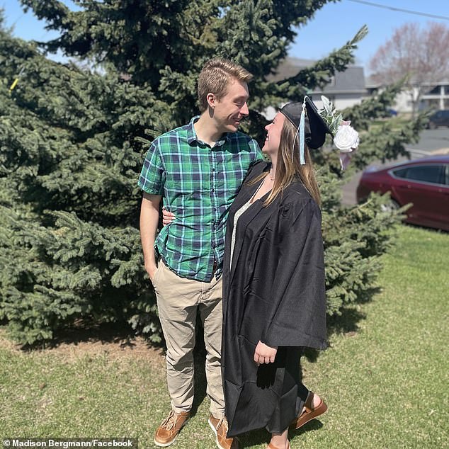 During his suspension, Bergmann is not allowed to have contact with Hudson School District students, parents or staff.  She is also not allowed on district property.  (pictured: Bergmann and her fiancé in 2022)