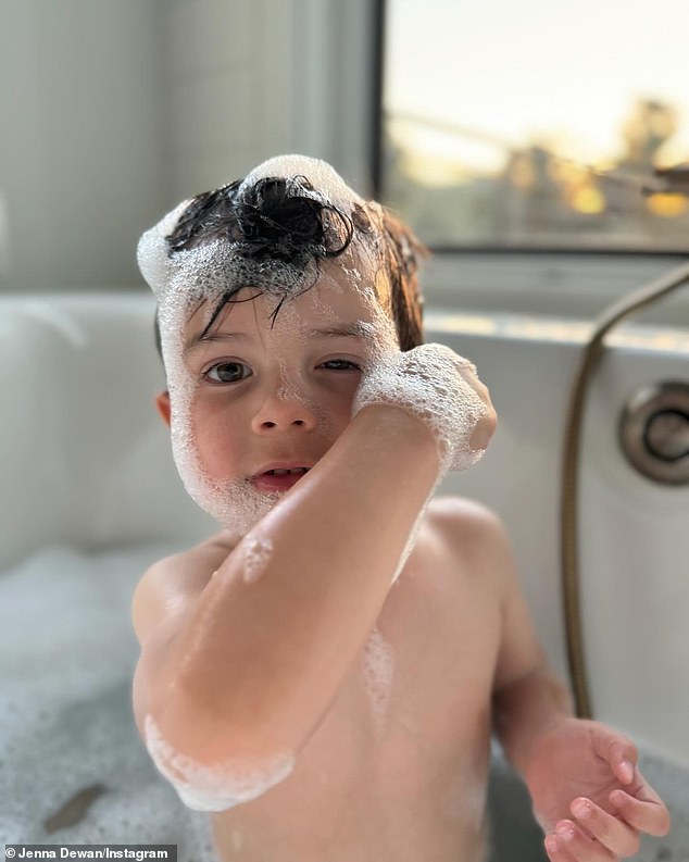 An adorable photo of their son in the bathtub with shampoo in his hair followed.