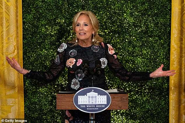 Dr. Jill Biden welcomed her guests, top teachers from every state and territory and union leaders, and saluted teachers unions several times during her brief remarks.