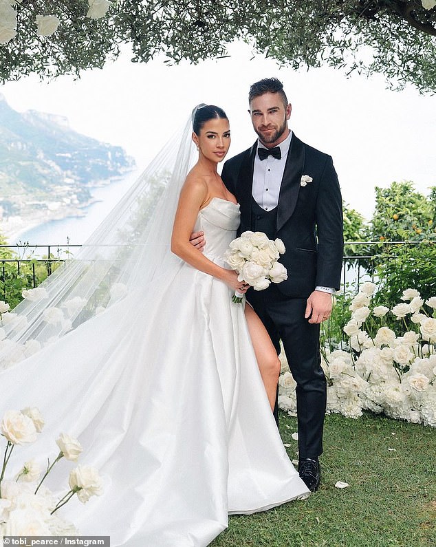 It's unclear what dresses the bridesmaids wore during the royal wedding ceremony, but Rachel surely stole the show again with her stunning wedding dress when she married her partner Tobi (right).