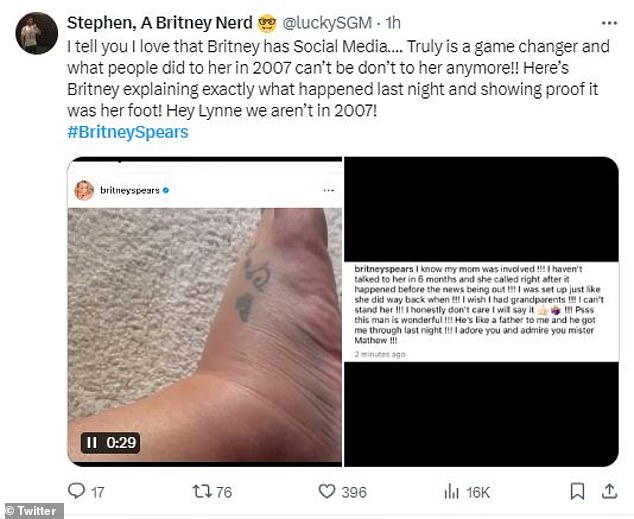 A fan reposted an Instagram post that Britney posted on Thursday giving her opinion on the incident, saying that the pop star's ability to communicate directly with her fans is a 
