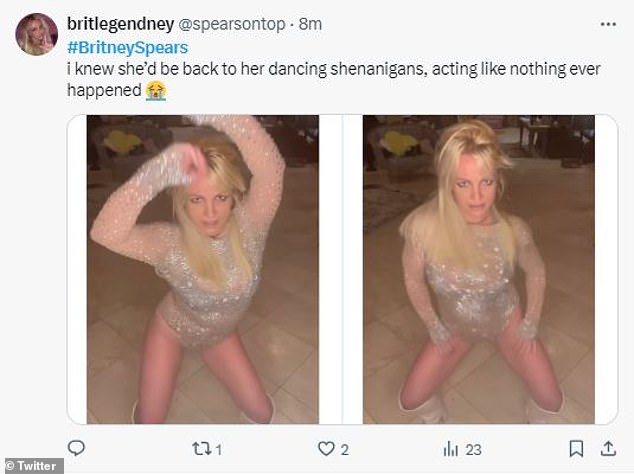 One fan noticed how Spears was back to her usual social media antics, showing off her dance moves from her Southern California mansion.