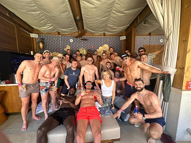 Last year, the team enjoyed raucous celebrations in the city when Rob McElhenney (second right, wearing Wrexham cap) and his wife Kaitlin Olson joined the festivities at a beach club.