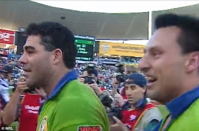 It was chaos after the final siren with Davico celebrating alongside Raiders greats Meninga and Laurie Daley.