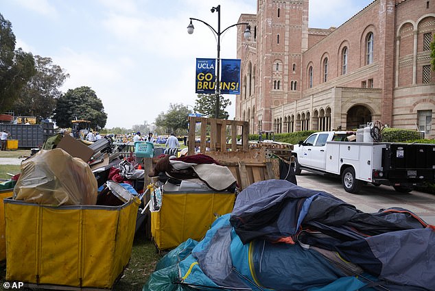 Piles of trash pile up as crews work to clean up UCLA camp in Gaza
