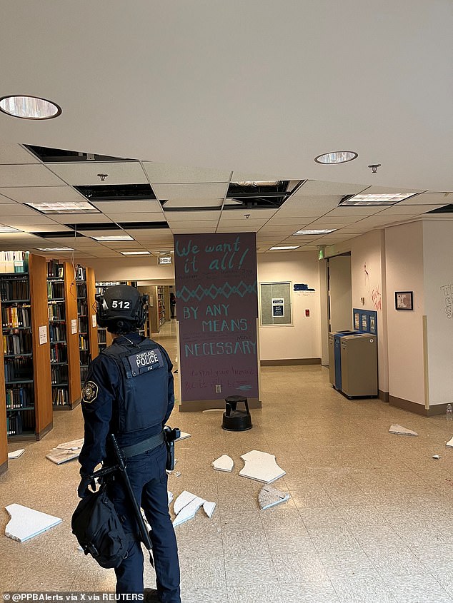 Photos show broken ceilings and graffiti inside and outside the library.