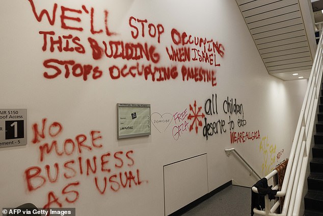 Protesters at Portland State University raided the school's library and painted pro-Palestinian messages on the walls.