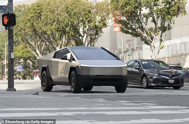 A Tesla Cybertruck during a test drive in Los Angeles, California, on February 16, 2024.