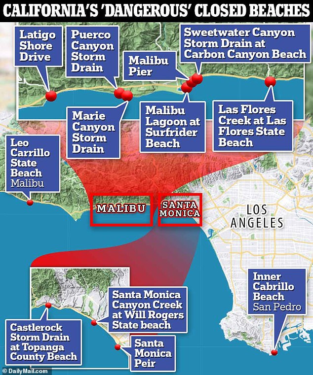 Image: Map of the 12 Los Angeles County beaches that have been issued a swimming advisory