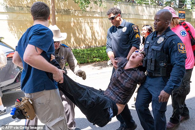 A pro-Palestinian protester is arrested at the University of Texas in Austin, Texas, on April 29.
