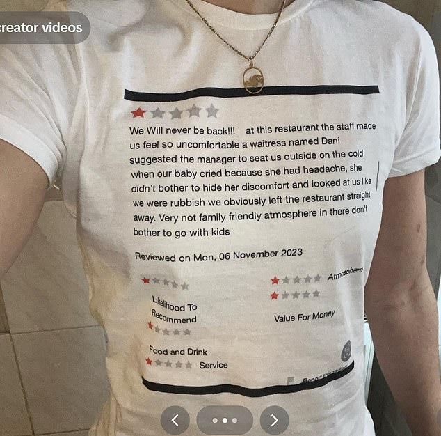 Daniella printed the full review on the t-shirt, including one-star ratings for each of the four categories: 