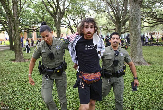 Law enforcement officers arrest a protester after clearing a "illegal assembly" where pro-Palestinian protesters gathered in MLK Plaza at the University of South Florida on Tuesday, April 30.