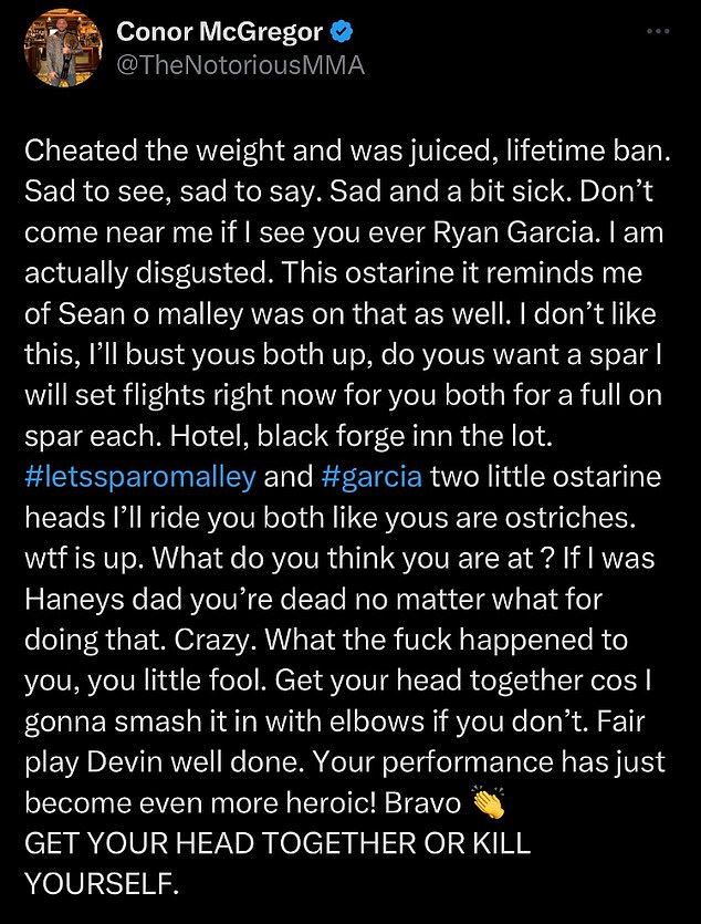 McGregor sent the message to Garcia on social media, but the post has since been deleted.
