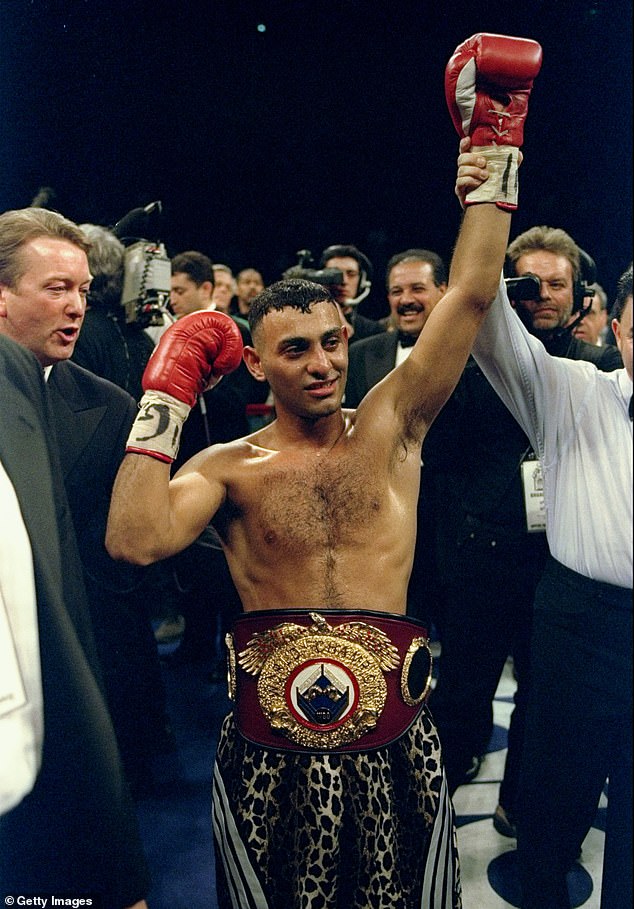 Prince Naseem Hamed photographed celebrating after his fight against Kevin Kelley at Madison Square Garden in New York City in 1997.