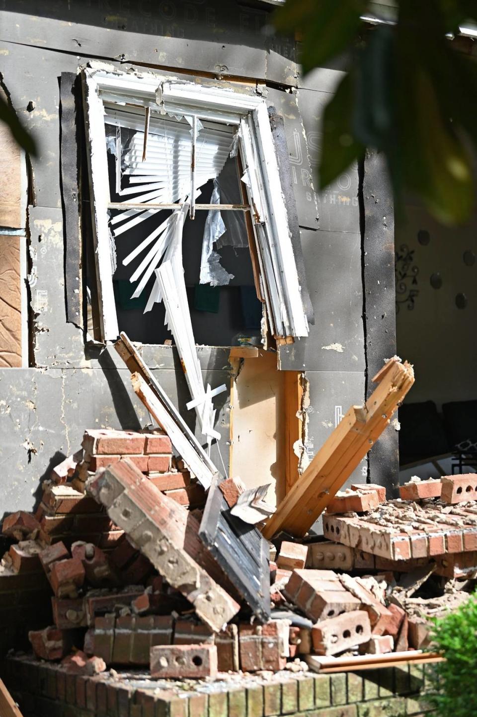 Debris is strewn outside the home at 5525 Galway Drive, where three members of the U.S. Marshals task force and a CMPD officer, Joshua Eyer, were killed Monday, April 29, 2024 while serving a warrant judicial to a suspect. Four other officers were injured during the shooting. JEFF SINER/jsiner@charlotteobserver.com