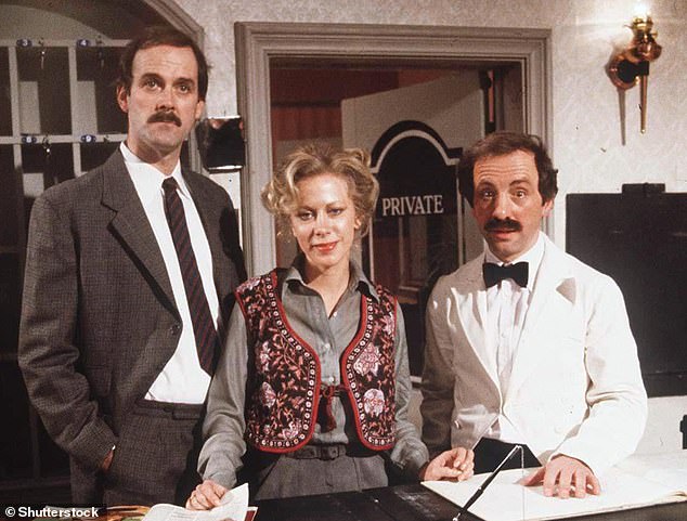 John Cleese as Basil Fawlty, Connie Booth as Polly Sherman and Andrew Sachs as waiter Manuel in Fawlty Towers.  Polly and Manuel were formed from real-life German-Swiss housekeeper Jetty and Spanish waiter Pepe at the Gleneagles Hotel.