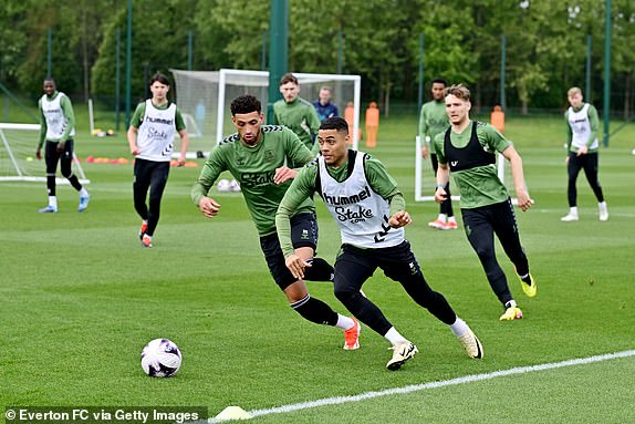 LIVERPOOL, ENGLAND - MAY 1: (EXCLUSIVE COVERAGE) Ben Godfrey (L) and Lewis Dobbin during Everton's training session at Goodison Park on May 1, 2024 in Liverpool, England.  (Photo by Tony McArdle/Everton FC via Getty Images)