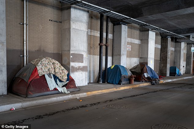Tents used by homeless people sit along an underground sidewalk downtown on April 22, 2024 in Chicago, Illinois.