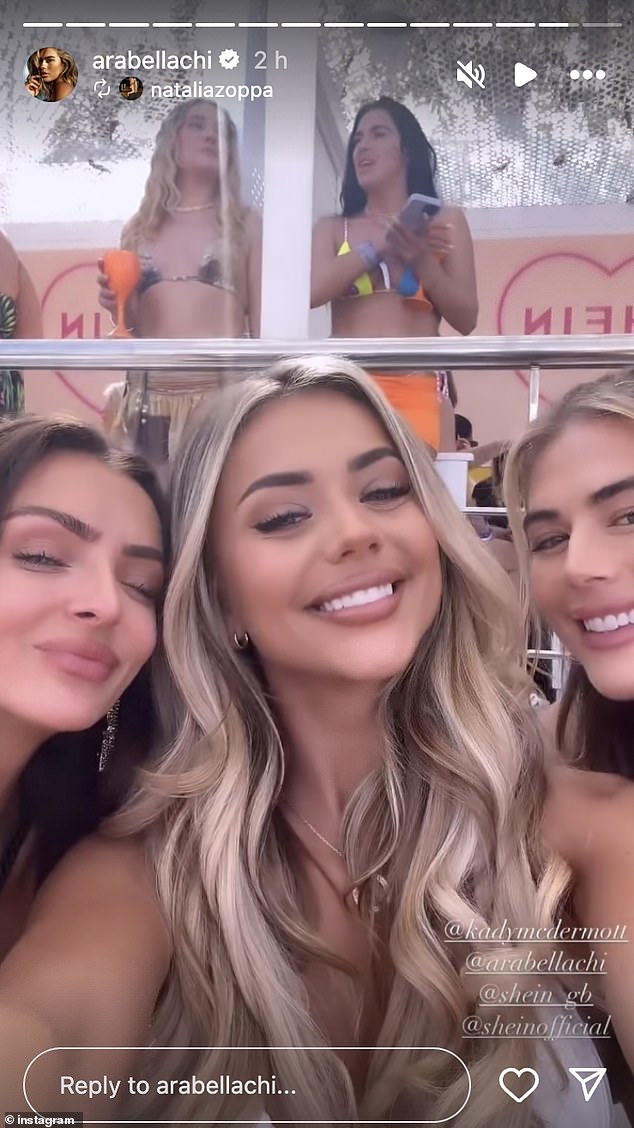 Documenting her sun-soaked getaway on the famous party island, Arabella turned to her stories as she looked like she was having the time of her life alongside her friends (pictured with Kady McDermott and Natalia Zoppa).