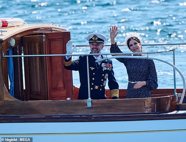 The royal couple smiled as they said goodbye to people on land after setting sail on their summer tour.