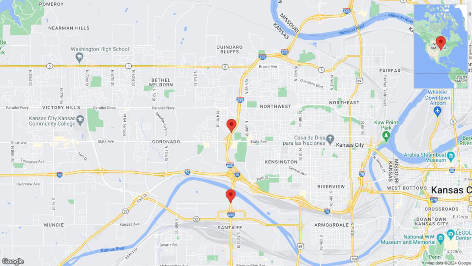 A detailed map showing the road affected due to 'I-635 lane closure in Kansas City' on May 3 at 11:58 p.m.