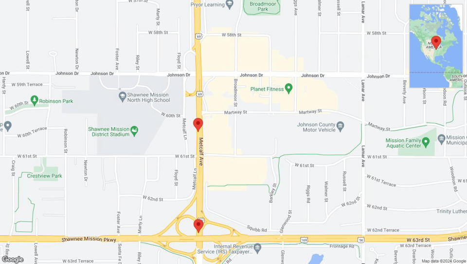 A detailed map showing the road affected due to 'Overland Park: US-69 South closed' on May 3 at 1:43 p.m.