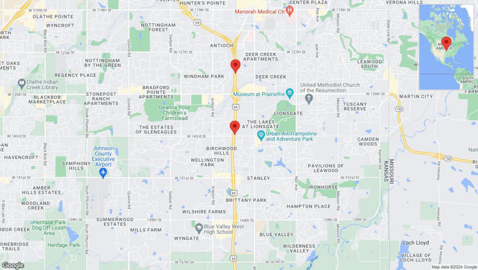 A detailed map showing the road affected due to 'US-69 lane closed in Overland Park' on May 3 at 3:58 p.m.