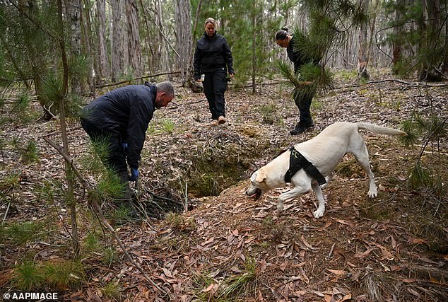 Police used a cadaver dog during the search for Samantha Murphy's body at Enfield State Park in Ballarat on April 11.