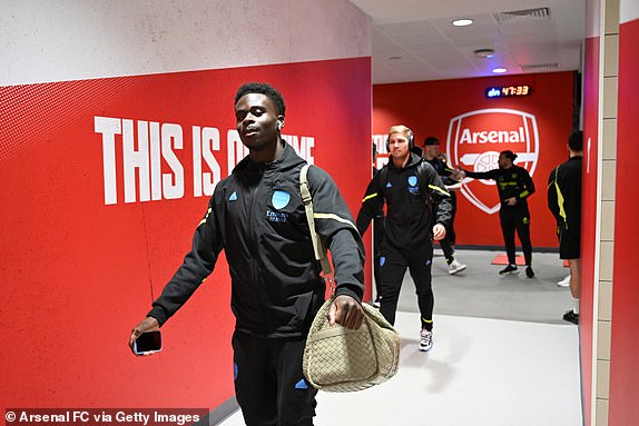 LONDON, ENGLAND - MAY 4: Bukayo Saka of Arsenal arrives at the stadium before the Premier League match between Arsenal FC and AFC Bournemouth at Emirates Stadium on May 4, 2024 in London, England.  (Photo by Stuart MacFarlane/Arsenal FC via Getty Images)