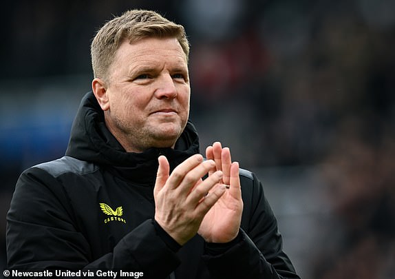 NEWCASTLE UPON TYNE, ENGLAND - APRIL 27: Newcastle United head coach Eddie Howe applauds the fans after the Premier League match between Newcastle United and Sheffield United at St. James Park on April 27, 2024 in Newcastle upon Tyne, England.  (Photo by Serena Taylor/Newcastle United via Getty Images)
