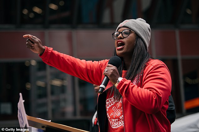 Then-vice president of the teachers union, Stacy Davis Gates, speaks at a downtown rally in support of the ongoing teachers' strike on October 23, 2019.