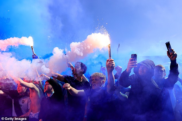 Ipswich fans were celebrating even before kick-off as they welcomed the team with flares.