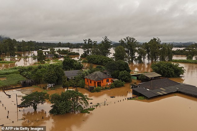 Aerial view shows a flooded area of Capela de Santana, Rio Grande do Sul state, Brazil, on May 2, 2024
