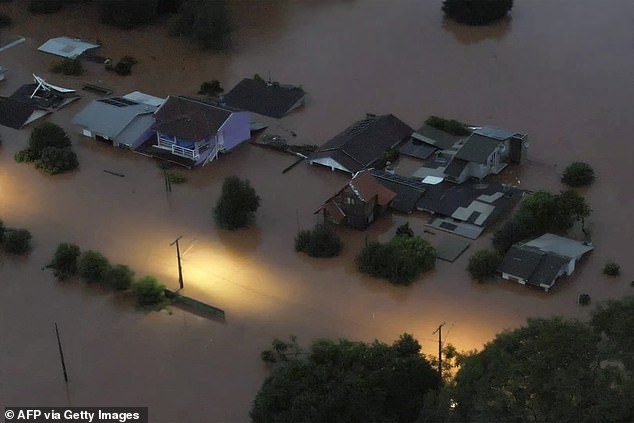 An aerial view shows flooded areas in Encantado city in Rio Grande do Sul on May 1