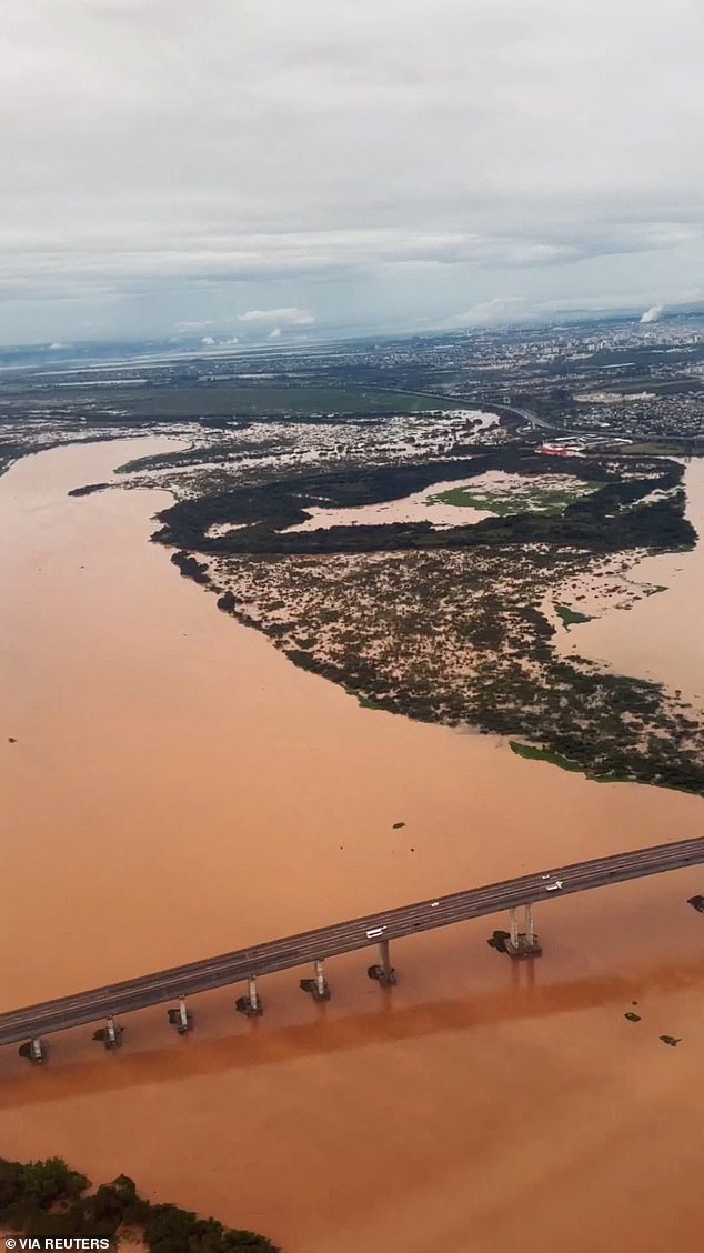 An aerial view shows a flooded area in the region of Guaiba Islands in Porto Alegre on May 2