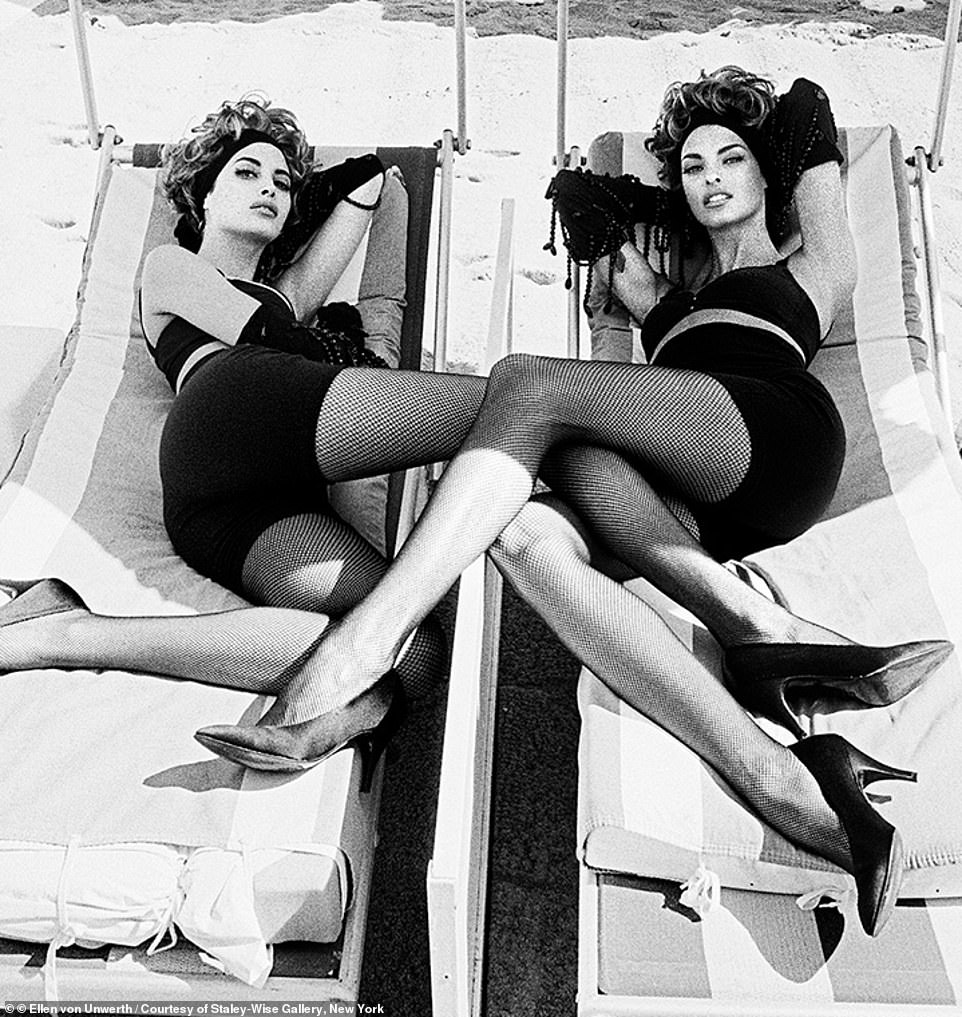 Another shows Christy and Linda reclining on couches in Cannes in 1990 with their legs intertwined.