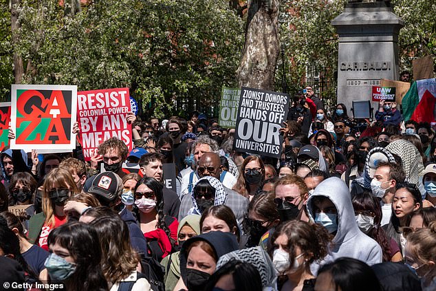 Biden's poll numbers have fallen among young voters, and his handling of the war between Israel and Hamas is seen as a key reason. Pictured: Student protesters on the New York University campus on April 23, 2024.