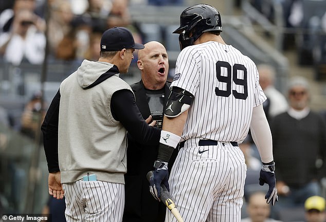 The umpire confronted home plate umpire Ryan Blankley after the ejection in the bottom of the seventh.