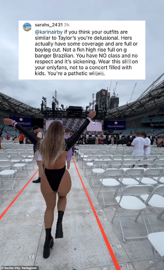 However, the influencer's video accompanying the screenshot of the unpleasant comment showed her wandering around the Accor stadium having fun, while the caption of the post read 