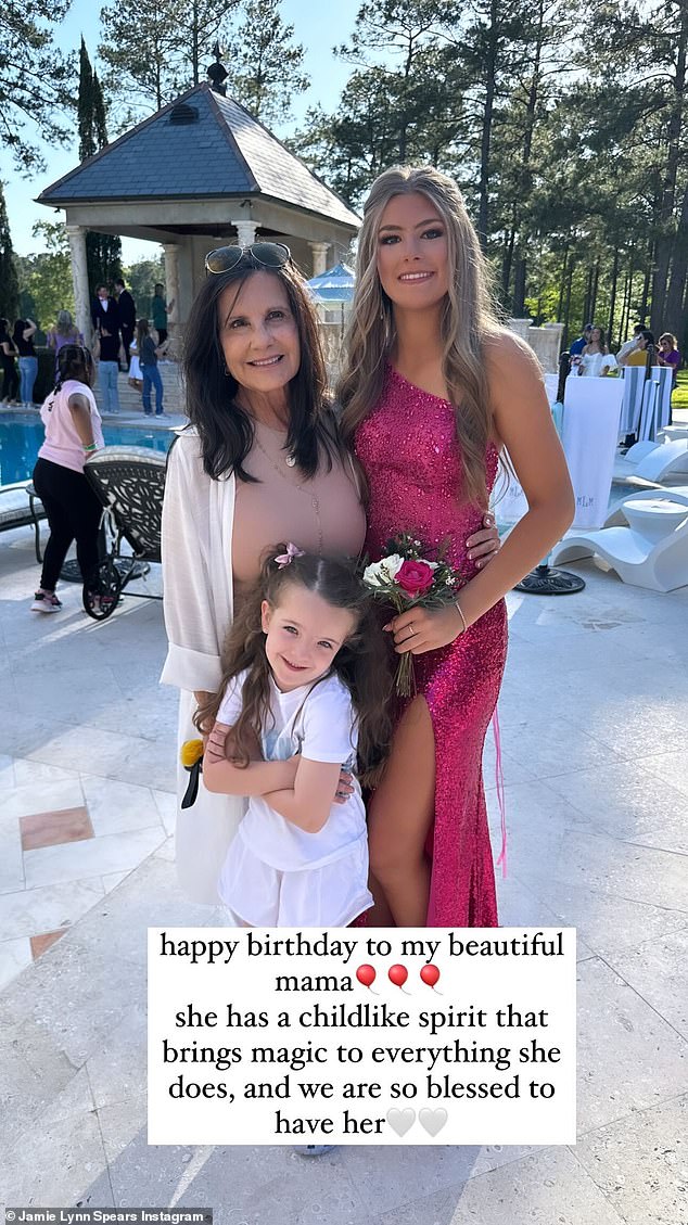 The Zoey 101 actress, 33, took to social media to share a tribute for her 69th birthday with a photo of her two daughters posing with their grandmother.  In the recent photo, Lynne was seen with Jamie's eldest daughter Maddie, 15, who was wearing her prom dress, and her daughter Ivey, six.