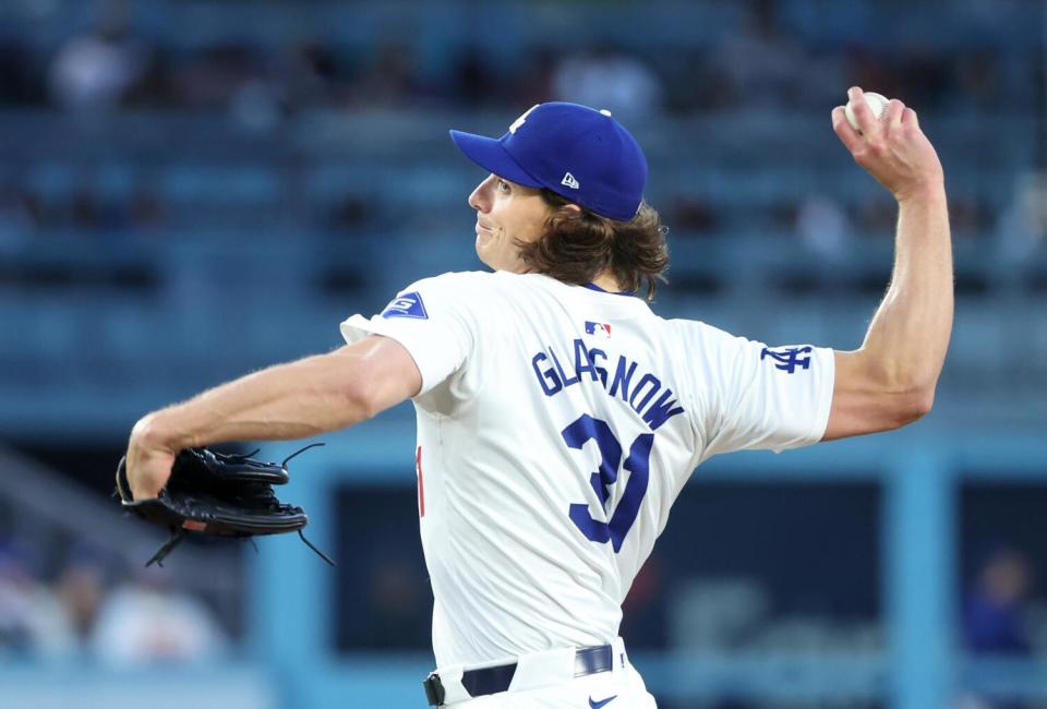 Dodgers starting pitcher Tyler Glasnow delivers during the Dodgers' 11-2 victory over the Atlanta Braves on Saturday.